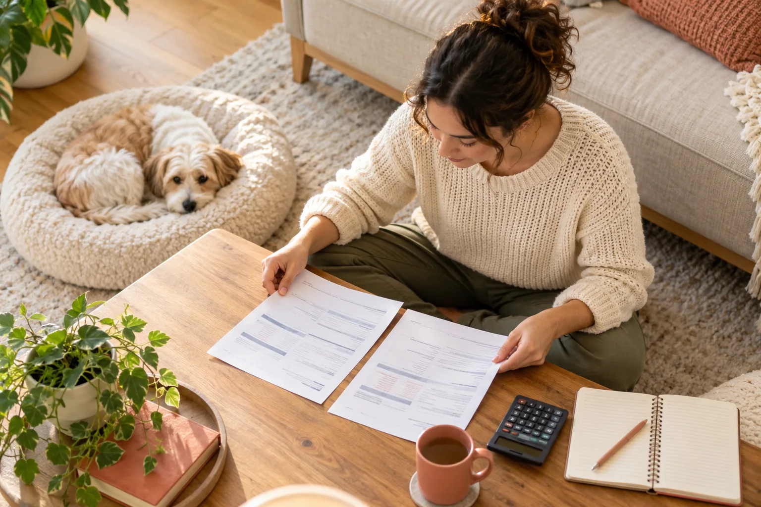 Owner comparing two papers with a calculator while a small dog rests on a nearby cushion
