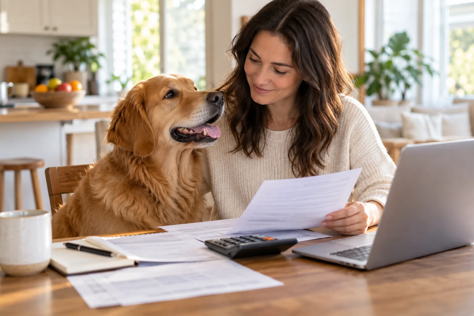 Owner reviewing papers and a calculator beside a golden retriever